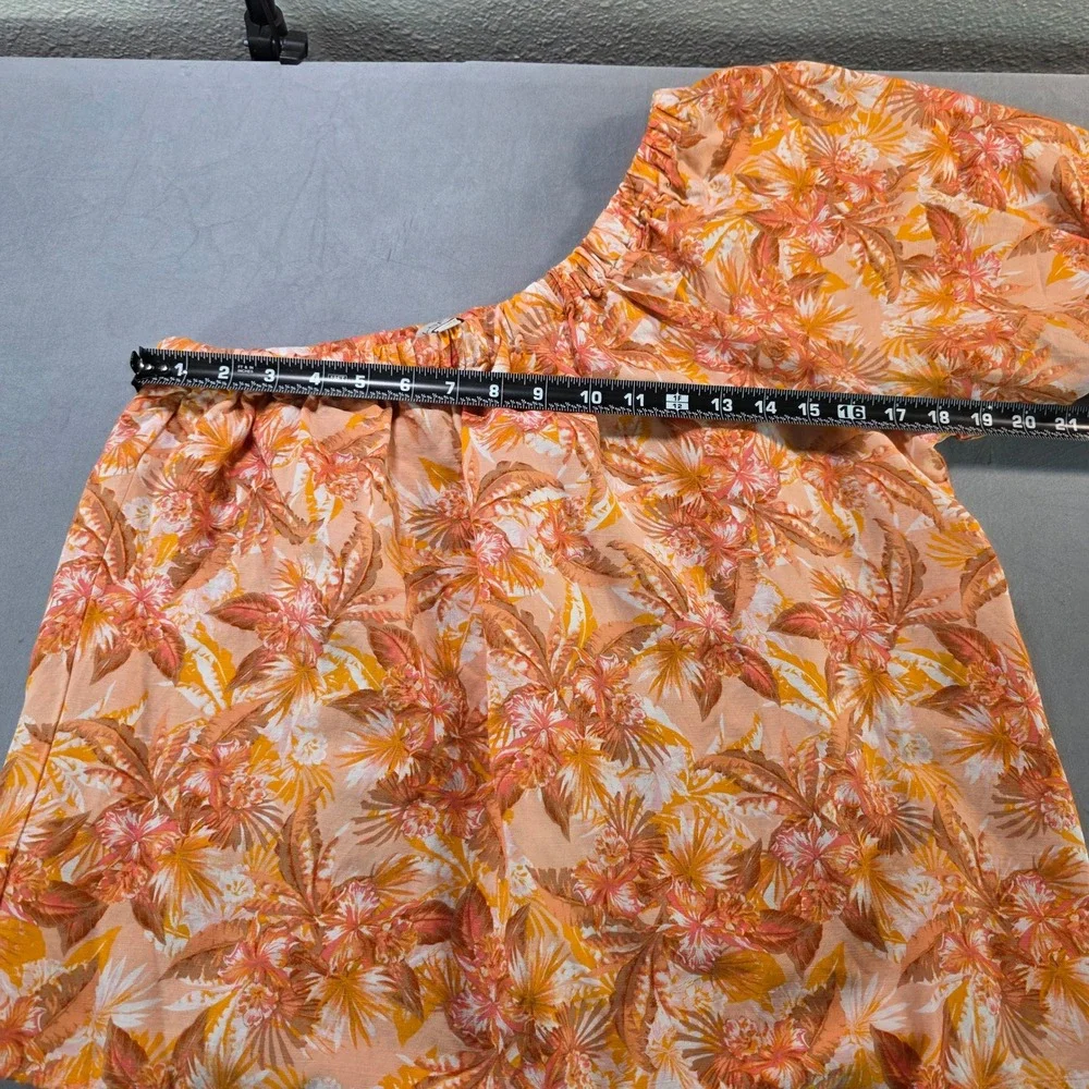 LOFT Womens Orange Tropical Floral One Shoulder Linen Blend Puff Sleeve  M NEW